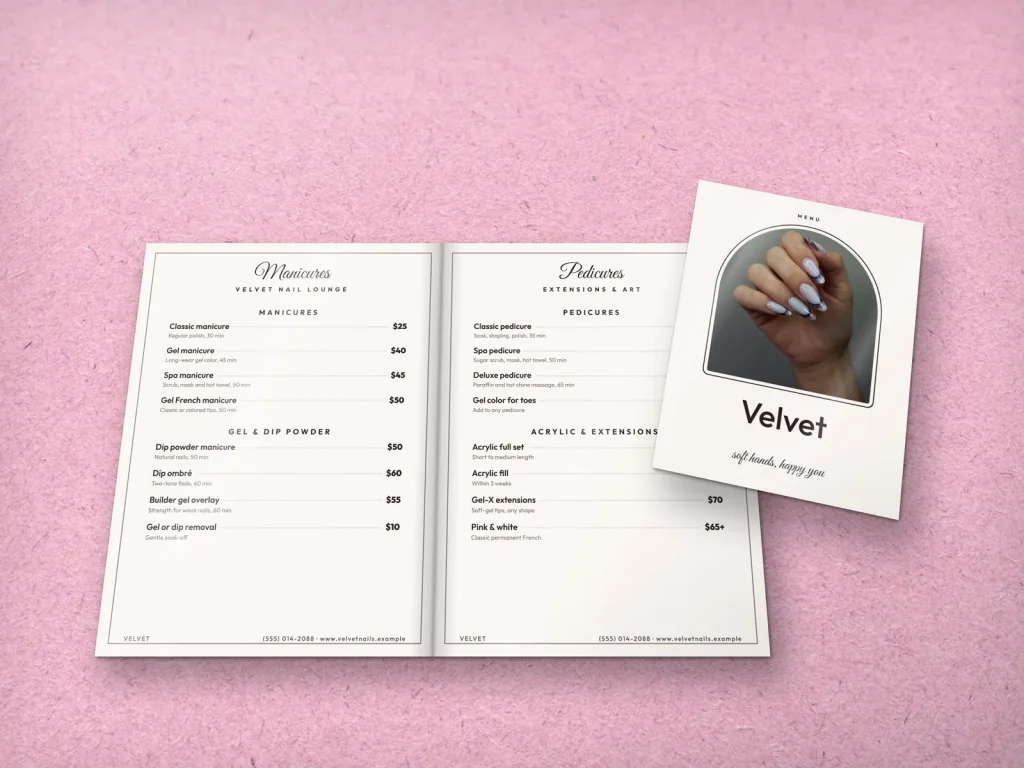 Mẫu menu tráng gương MG-06 cho tiệm nail: Velvet, bìa móng vân đá trong khung vòm, hồng phấn