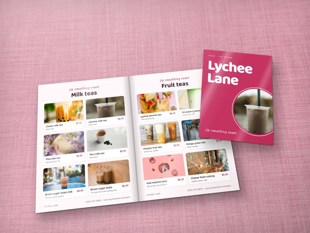 Mẫu menu tráng gương MG-07 cho nhà hàng: Lychee Lane, bìa chữ lớn hồng vải, hai trang lưới ảnh đồ uống