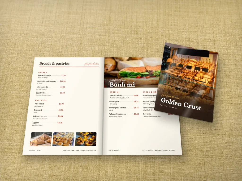 Mẫu menu tráng gương MG-08 cho tiệm bánh và café: Golden Crust, bìa ảnh kệ bánh mì, trang bánh ngọt và bánh mì kẹp