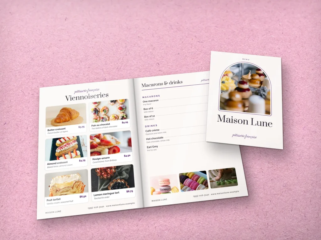 Mẫu menu tráng gương MG-11 cho tiệm bánh và café: Maison Lune, bìa ảnh bánh trên kệ tầng trong khung vòm