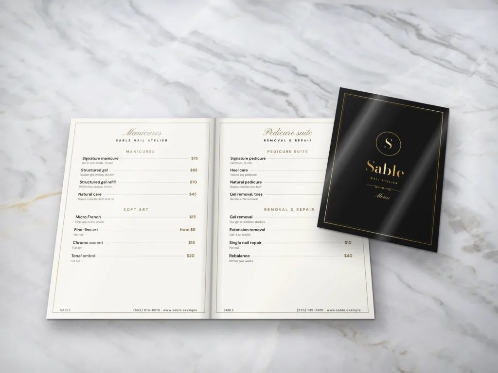 Mẫu menu tráng gương MG-12 cho tiệm nail: Sable, bìa đen khung vàng, trang dịch vụ trắng