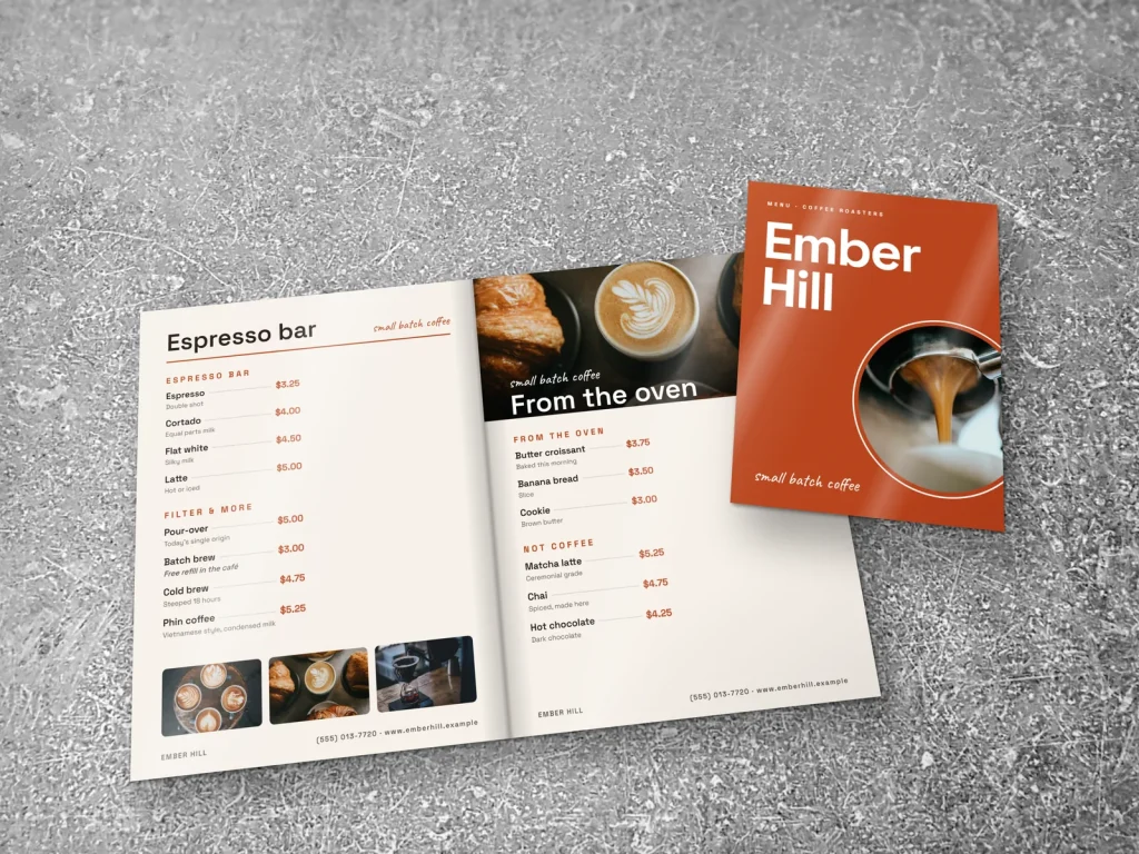 Mẫu menu tráng gương MG-13 cho tiệm bánh và café: Ember Hill, bìa chữ lớn cam, menu quầy espresso