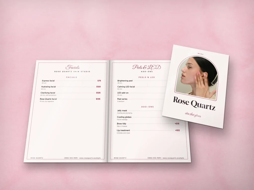 Mẫu menu tráng gương MG-14 cho spa: Rose Quartz, bìa ảnh làn da căng bóng trong khung vòm, trang chăm sóc da