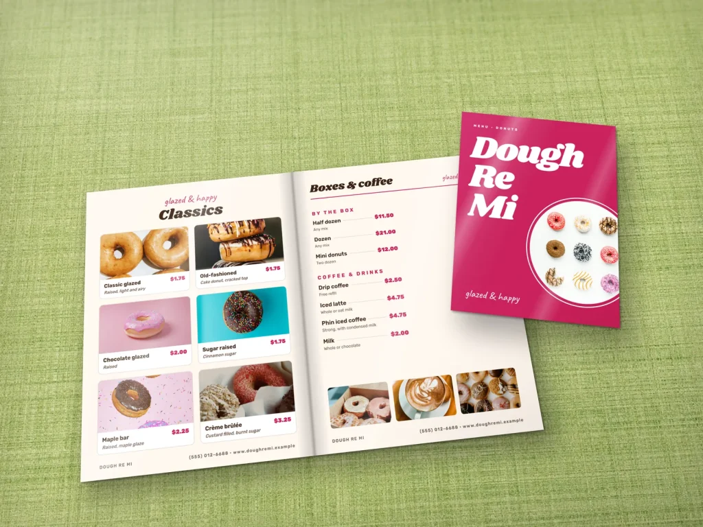 Mẫu menu tráng gương MG-15 cho tiệm bánh và café: Dough Re Mi, bìa chữ lớn hồng, trang lưới ảnh donut