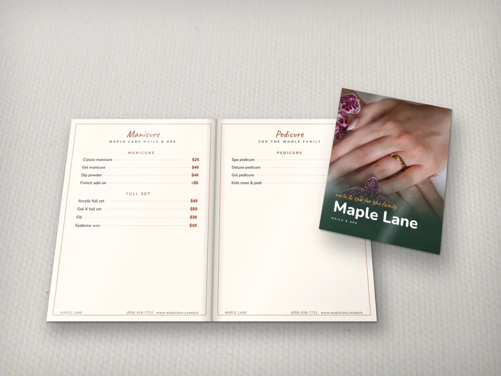Mẫu menu tráng gương MG-16 cho tiệm nail: Maple Lane, bìa ảnh móng ombre hồng, bảng giá gia đình