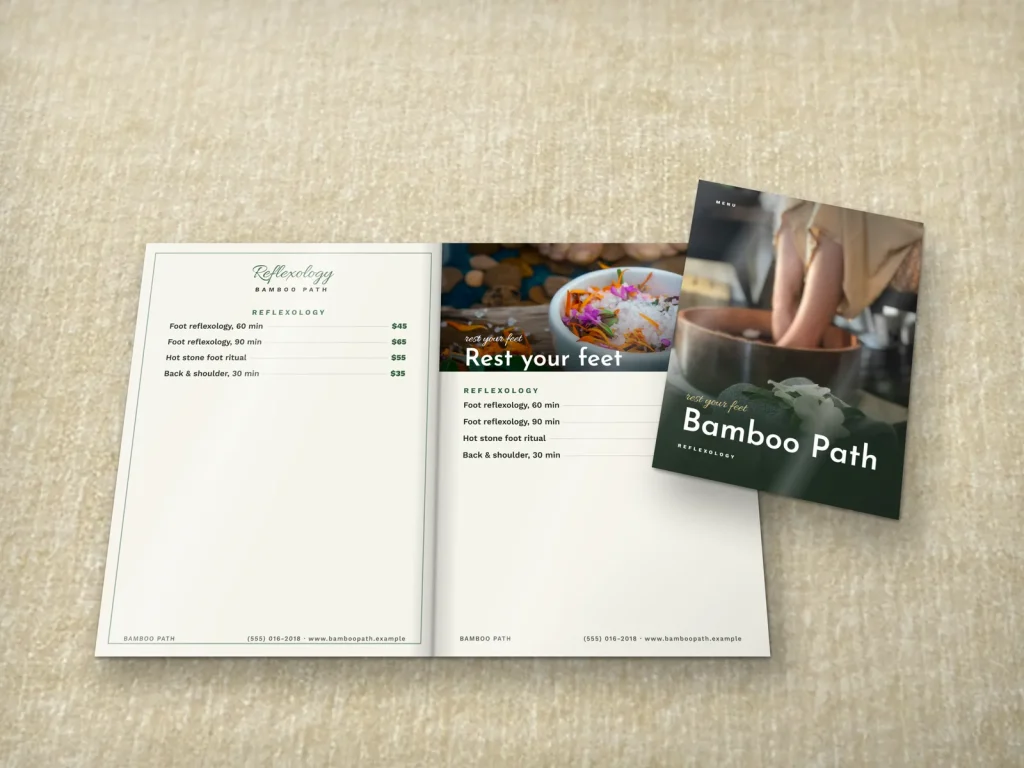 Mẫu menu tráng gương MG-18 cho spa: Bamboo Path, bìa ảnh ngâm chân trong chậu gỗ, trang bấm huyệt