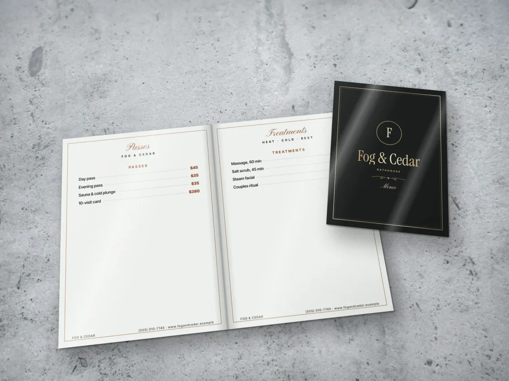 Mẫu menu tráng gương MG-19 cho spa: Fog & Cedar, bìa xám than khung vàng nhạt, trang vé vào cửa và treatment