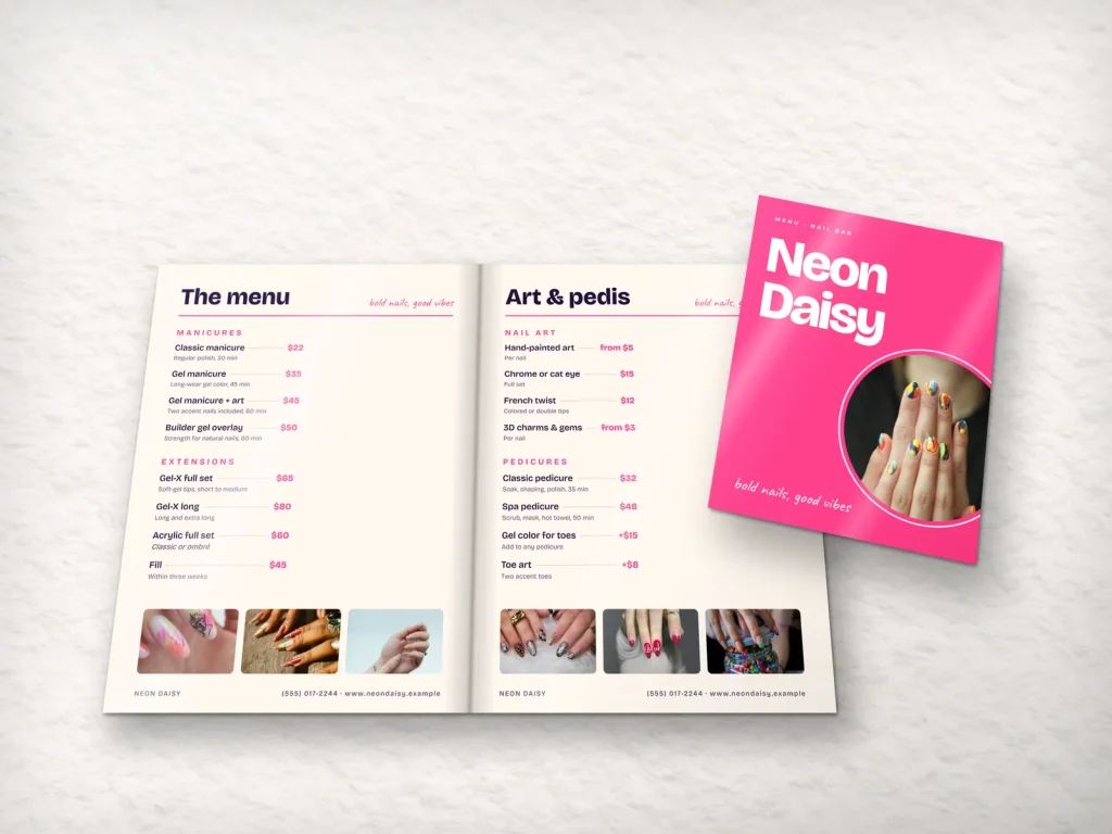 Mẫu menu tráng gương MG-20 cho tiệm nail: Neon Daisy, bìa chữ lớn hồng neon, trang ảnh móng