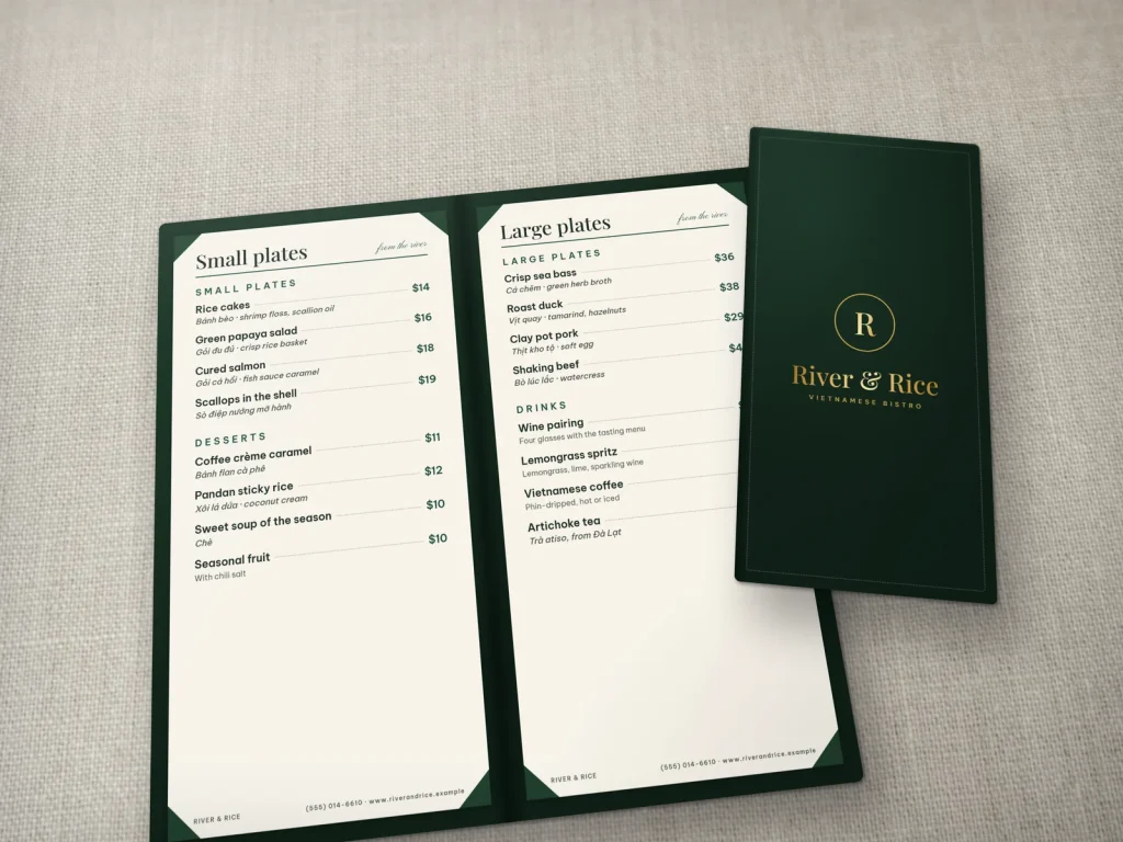 Leather-cover menu template ML-01 for a restaurant: River & Rice, forest green leather with gold foil