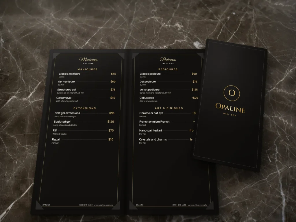 Leather-cover menu template ML-02 for a nail salon: Opaline, black leather with gold foil, service inserts