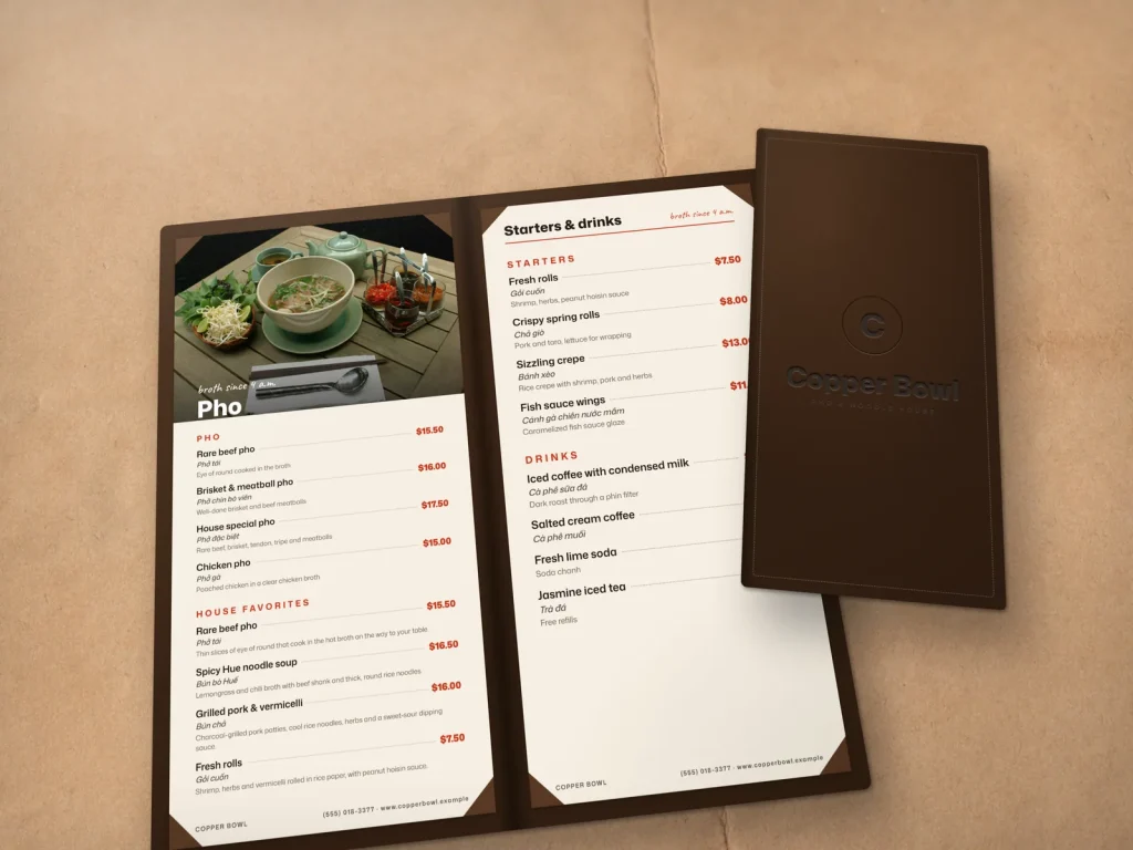Leather-cover menu template ML-03 for a restaurant: Copper Bowl, brown leather debossed, pho photo insert