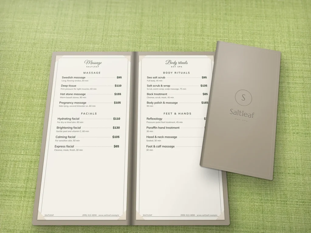 Leather-cover menu template ML-04 for a spa: Saltleaf, cream leather, debossed