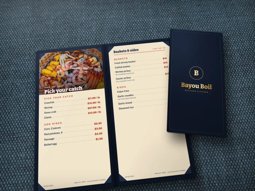 Leather-cover menu template ML-05 for a restaurant: Bayou Boil, navy leather with gold foil