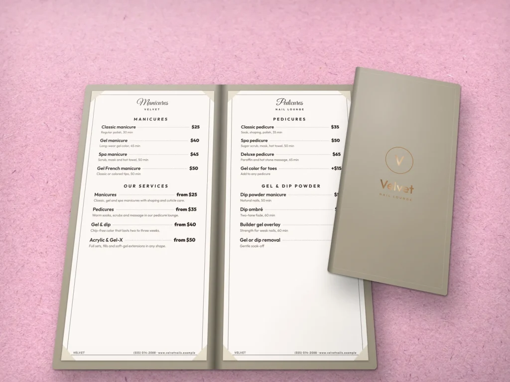 Leather-cover menu template ML-06 for a nail salon: Velvet, cream leather with bronze foil