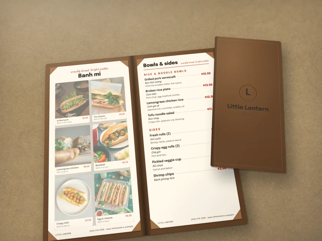 Leather-cover menu template ML-07 for a restaurant: Little Lantern, tan leather debossed, photo grid insert