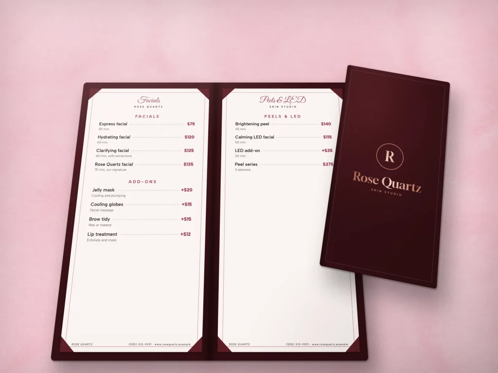 Leather-cover menu template ML-08 for a spa: Rose Quartz, burgundy leather with rose foil