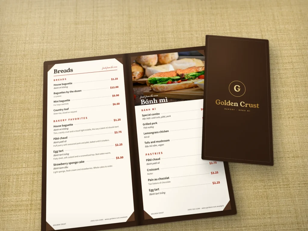 Leather-cover menu template ML-09 for a bakery or café: Golden Crust, brown leather with gold foil