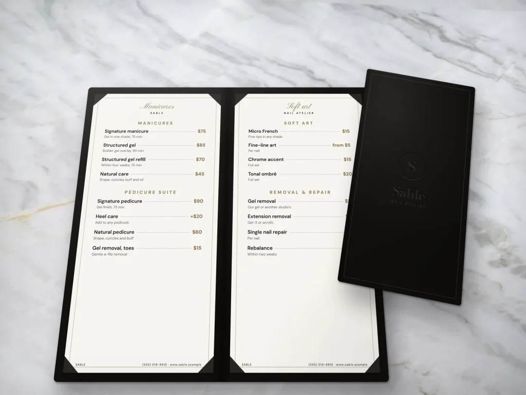 Leather-cover menu template ML-10 for a nail salon: Sable, black leather, debossed
