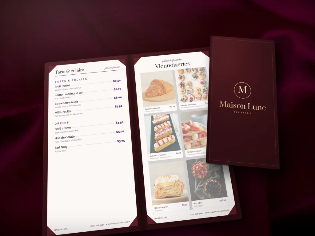 Leather-cover menu template ML-11 for a bakery or café: Maison Lune, burgundy leather with pale gold foil