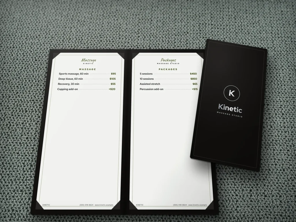 Leather-cover menu template ML-12 for a spa: Kinetic, black leather with silver foil