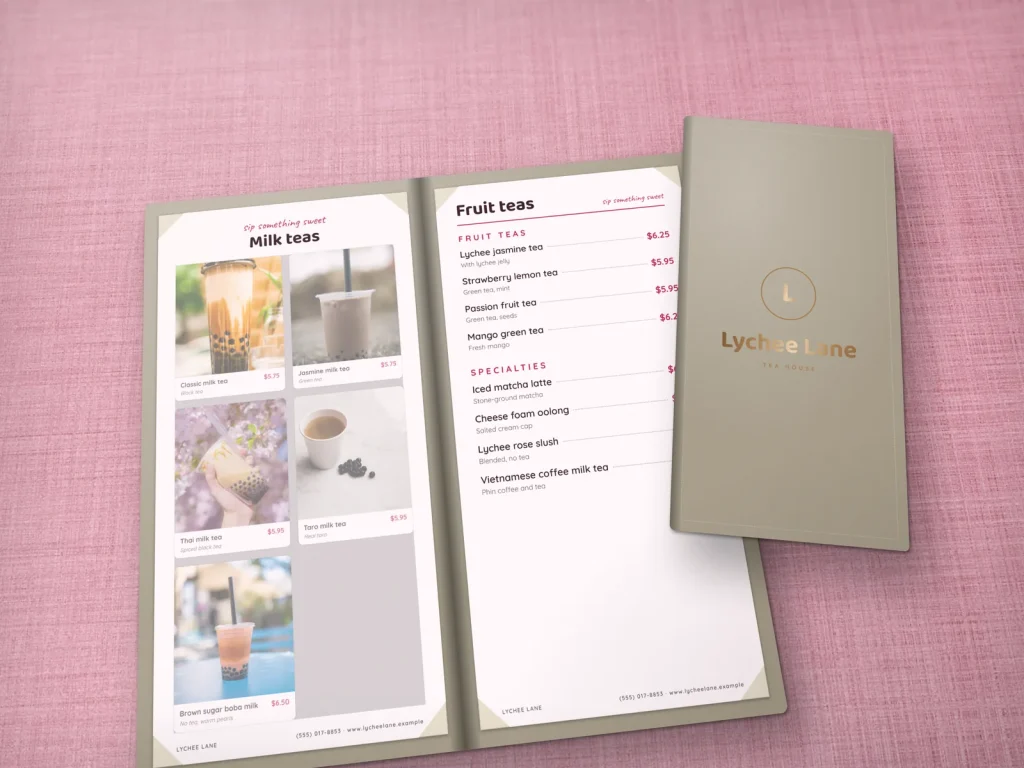 Leather-cover menu template ML-13 for a restaurant: Lychee Lane, cream leather with bronze foil