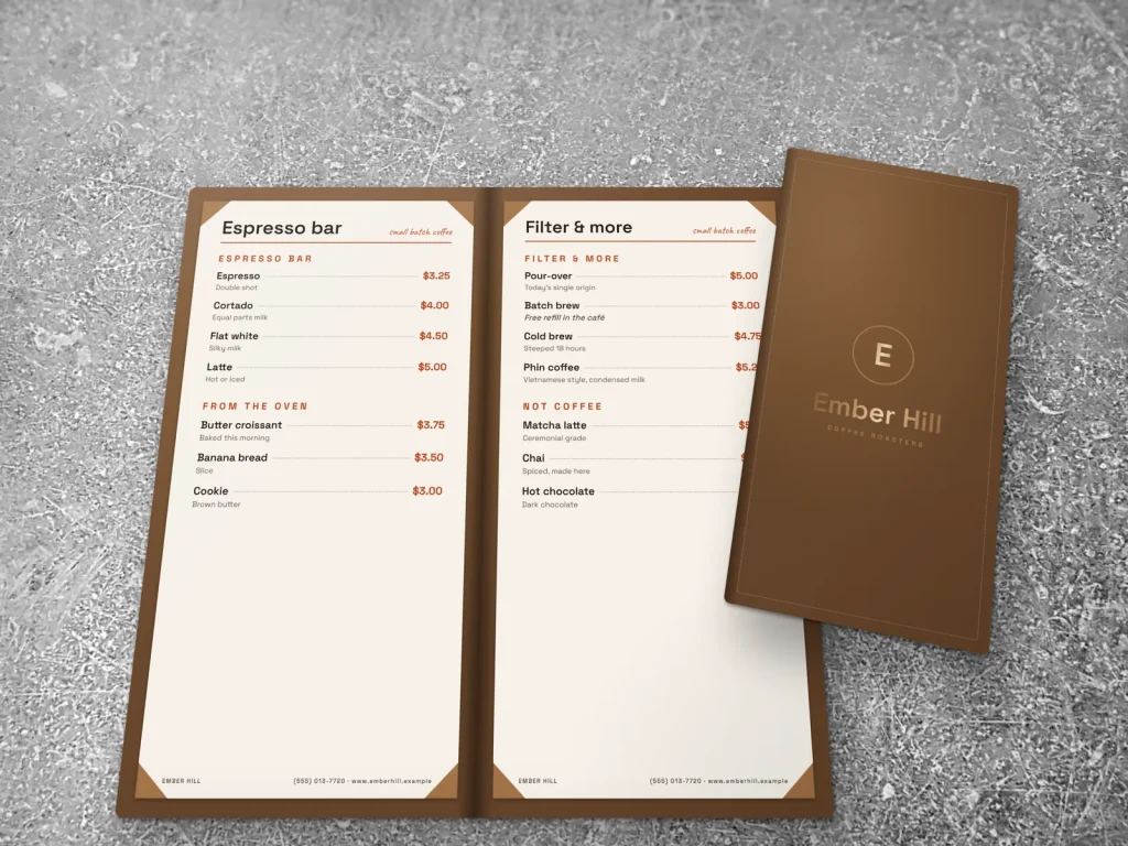 Leather-cover menu template ML-14 for a bakery or café: Ember Hill, tan leather with bronze foil