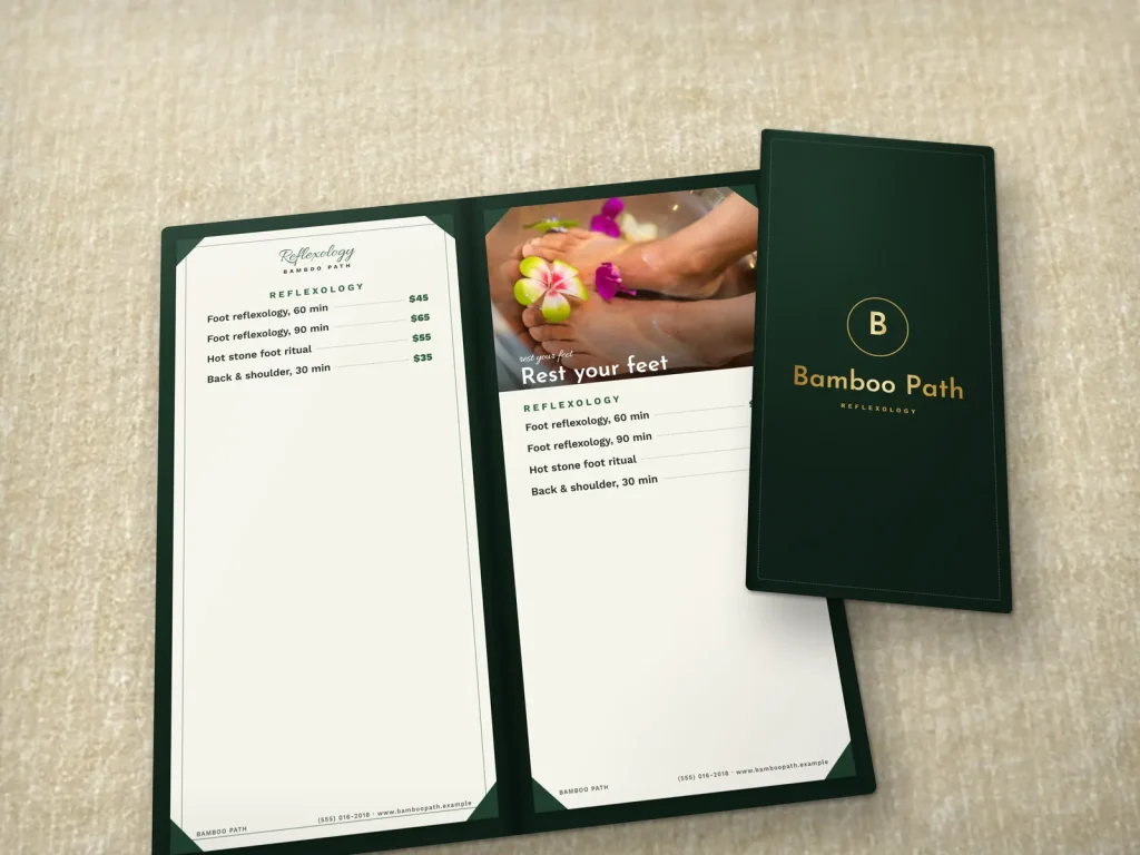 Leather-cover menu template ML-15 for a spa: Bamboo Path, green leather with gold foil