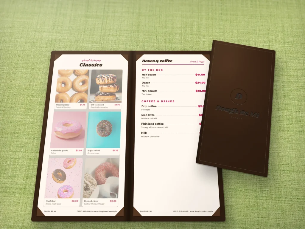 Leather-cover menu template ML-16 for a bakery or café: Dough Re Mi, brown leather debossed, donut photo insert