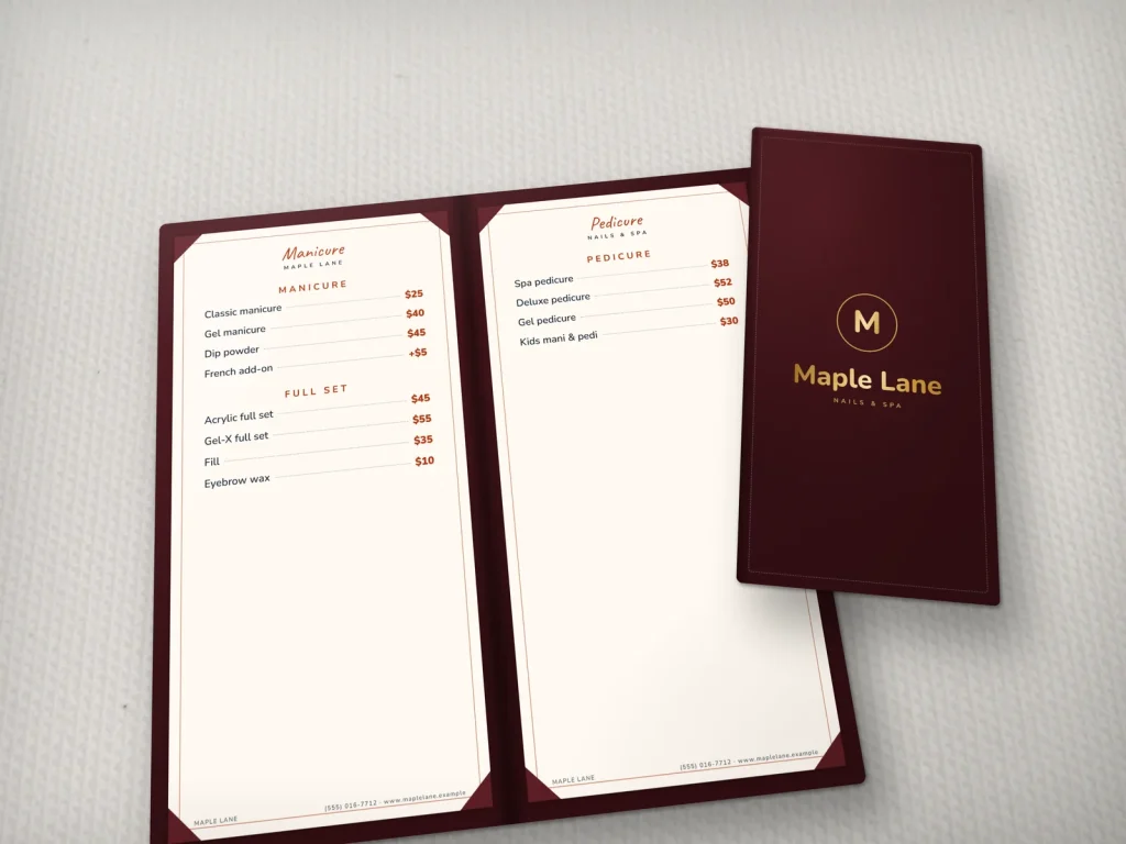 Leather-cover menu template ML-17 for a nail salon: Maple Lane, burgundy leather with gold foil