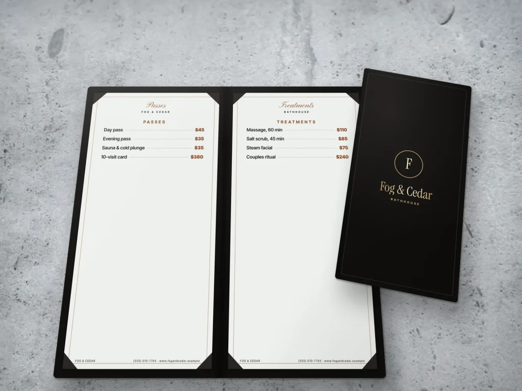 Leather-cover menu template ML-18 for a spa: Fog & Cedar, black leather with pale gold foil