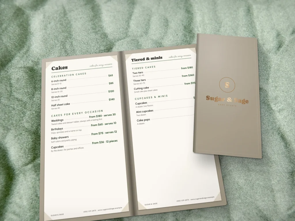Leather-cover menu template ML-19 for a bakery or café: Sugar & Sage, cream leather with bronze foil