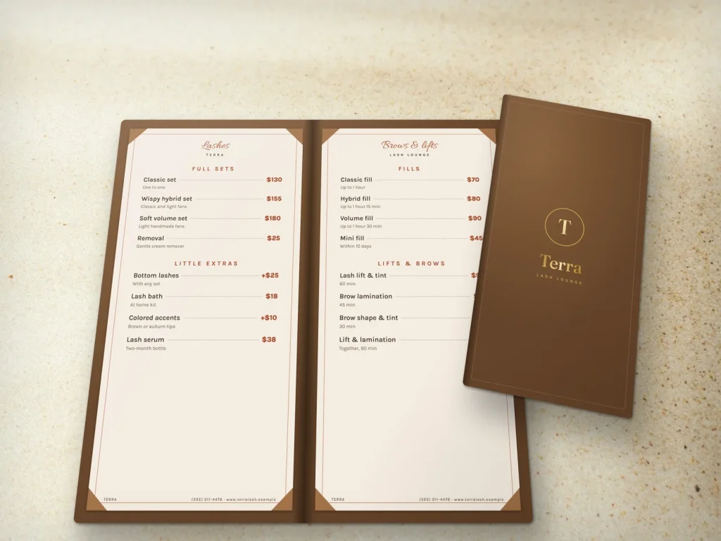Leather-cover menu template ML-20 for a lash and brow studio: Terra, tan leather with gold foil