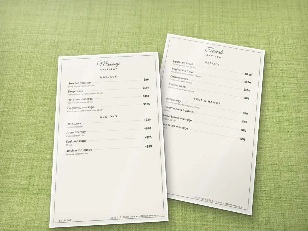 Mẫu menu ép plastic MP-05 cho spa: Saltleaf, menu spa ép plastic khổ nhỏ