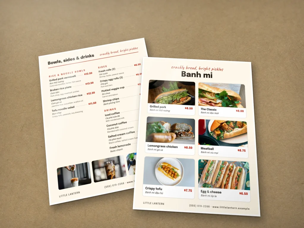 Mẫu menu ép plastic MP-06 cho nhà hàng: Little Lantern, menu bánh mì ép plastic, lưới ảnh sáu món