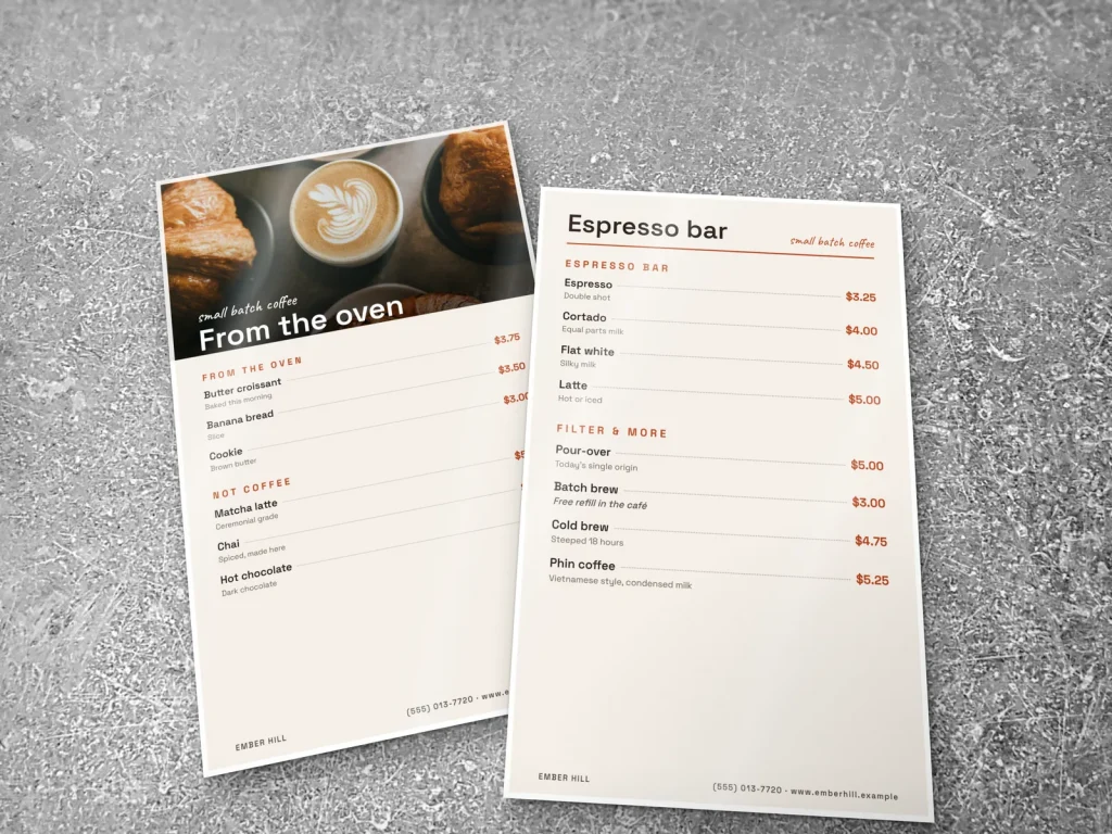 Mẫu menu ép plastic MP-12 cho tiệm bánh và café: Ember Hill, menu quầy cà phê khổ nhỏ