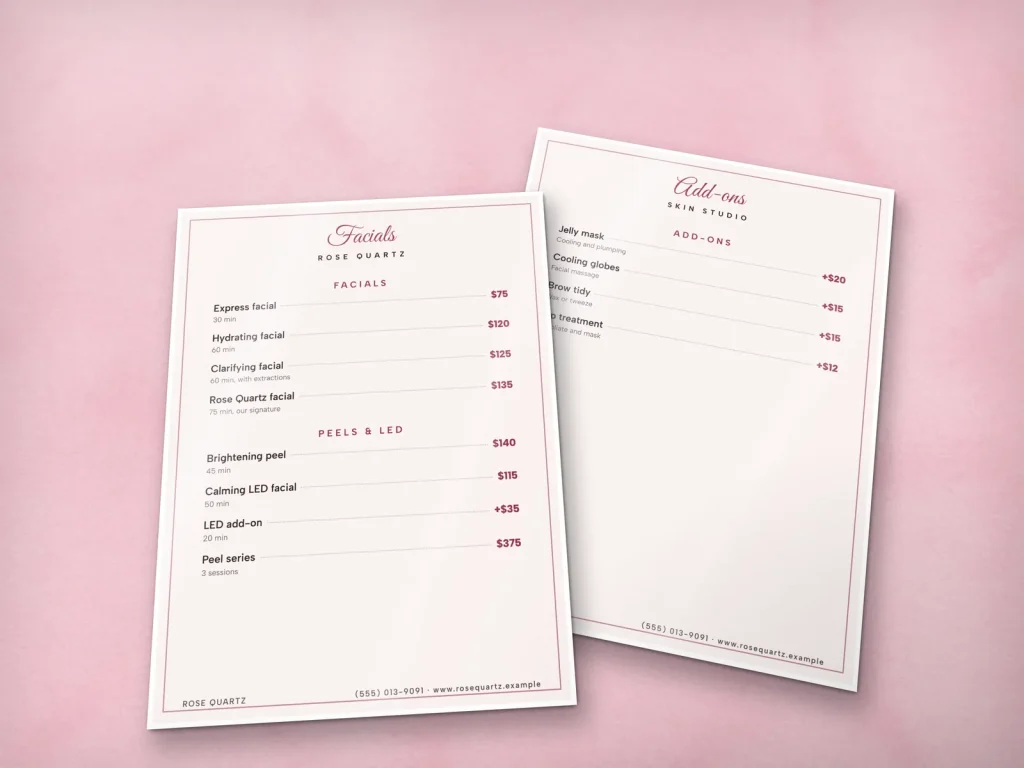 Mẫu menu ép plastic MP-13 cho spa: Rose Quartz, bảng giá chăm sóc da hồng thạch anh