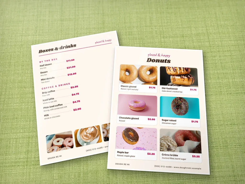 Mẫu menu ép plastic MP-14 cho tiệm bánh và café: Dough Re Mi, menu donut ép plastic, lưới ảnh