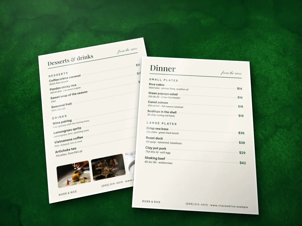 Mẫu menu ép plastic MP-16 cho nhà hàng: River & Rice, menu bistro ép plastic một cột