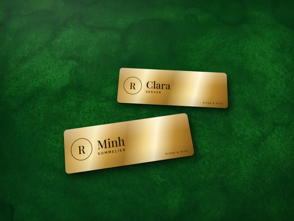 Mẫu name tag NT-09 cho nhà hàng: River & Rice, nền vàng cho nhà hàng sang