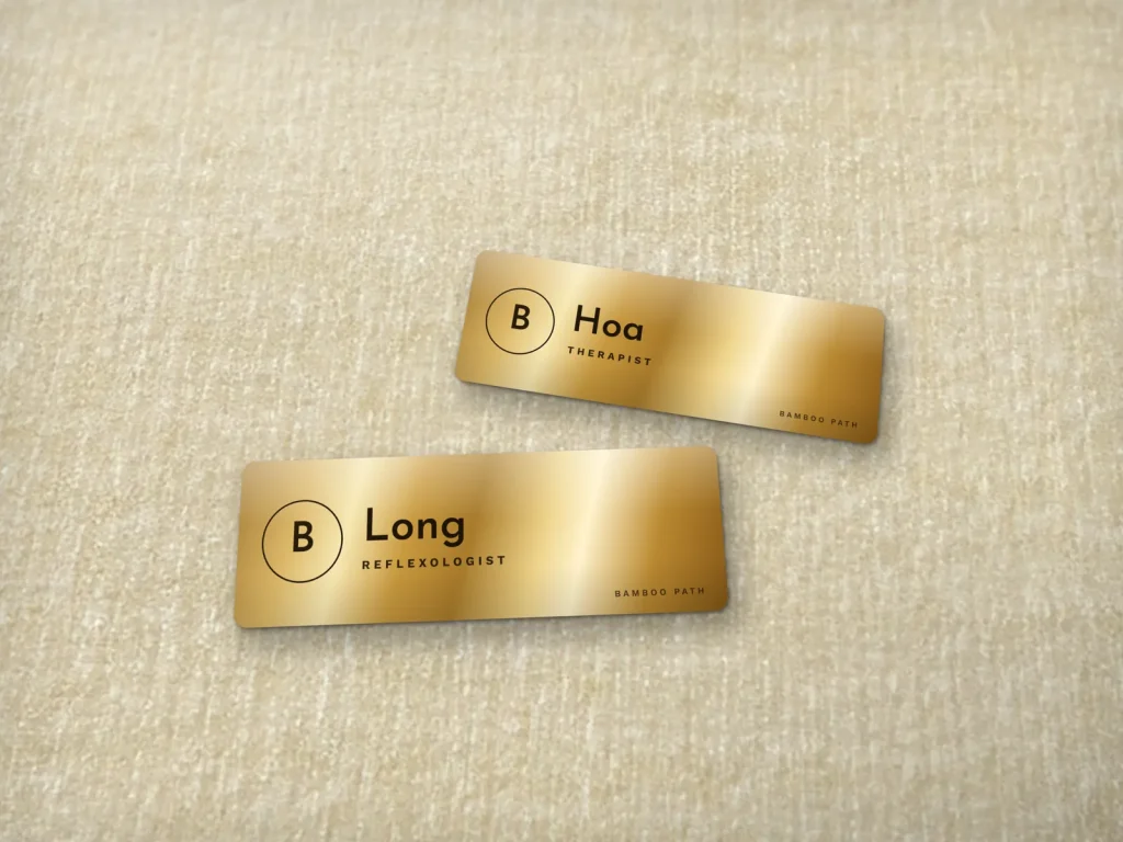 Mẫu name tag NT-20 cho spa: Bamboo Path, nền vàng cho tiệm massage chân