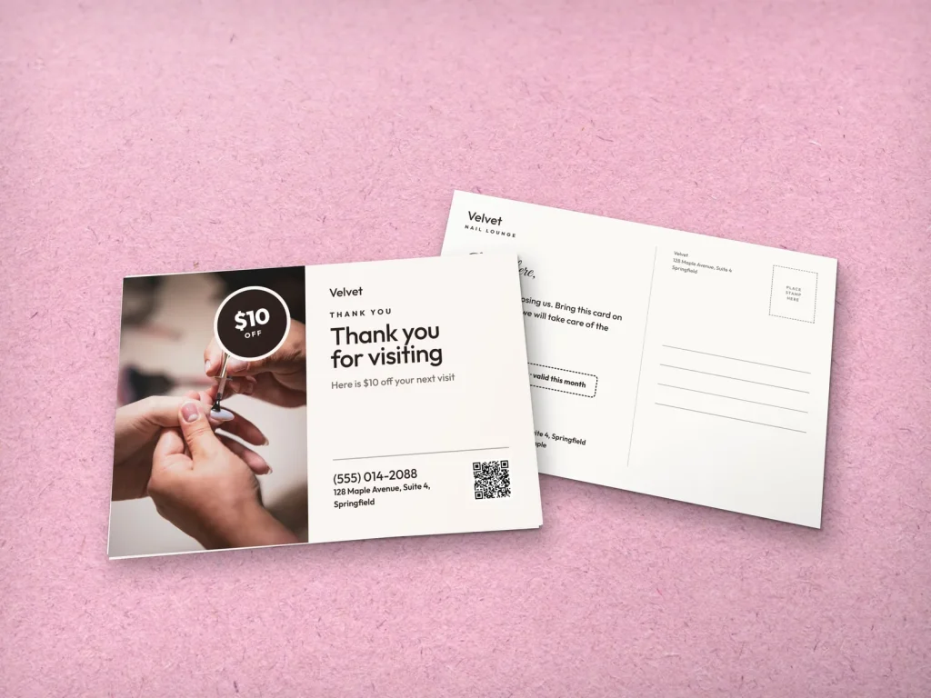 Postcard template PC-01 for a nail salon: Velvet, nail tech at work on a thank-you card