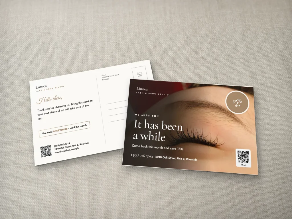 Postcard template PC-02 for a lash and brow studio: Linnea, closed eye lash set on a come-back card