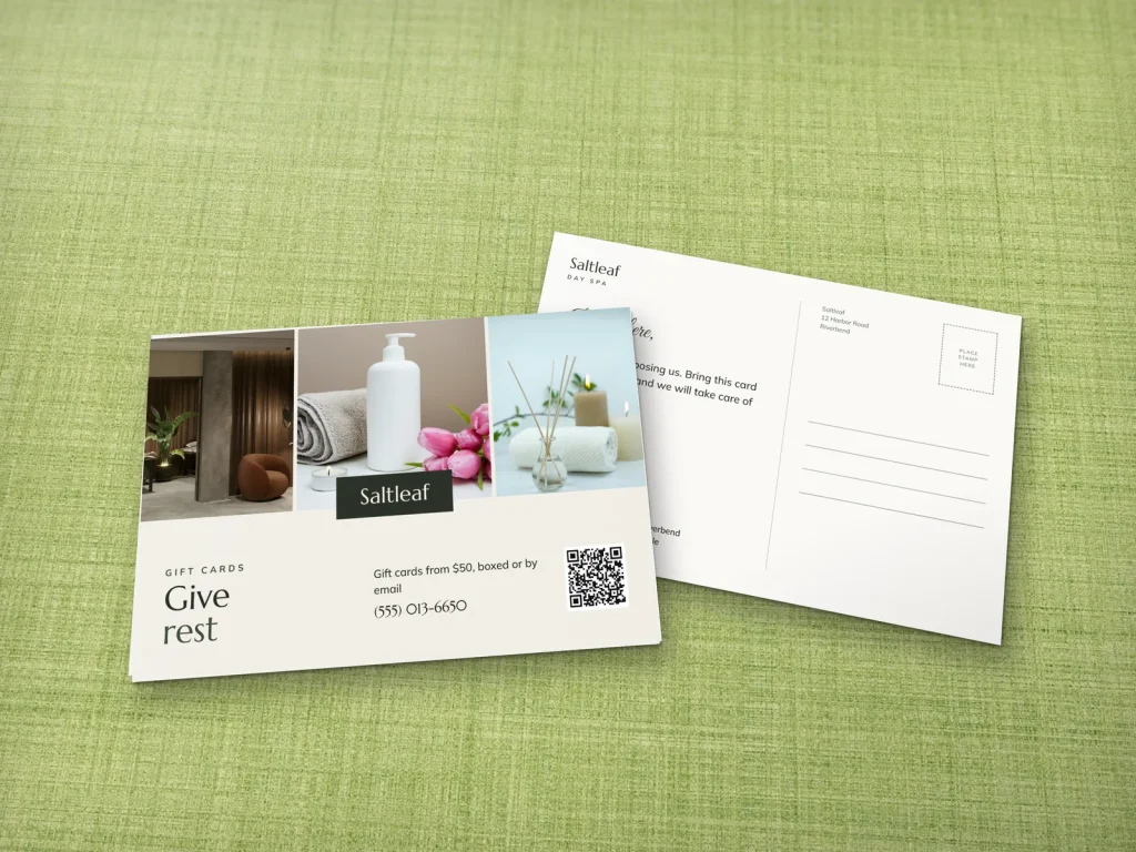 Postcard template PC-03 for a spa: Saltleaf, strip of three spa photos for gift cards