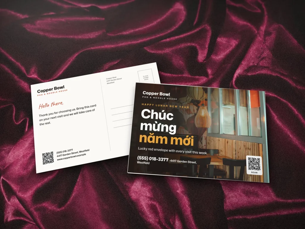 Postcard template PC-04 for a restaurant: Copper Bowl, lantern dining room for Lunar New Year
