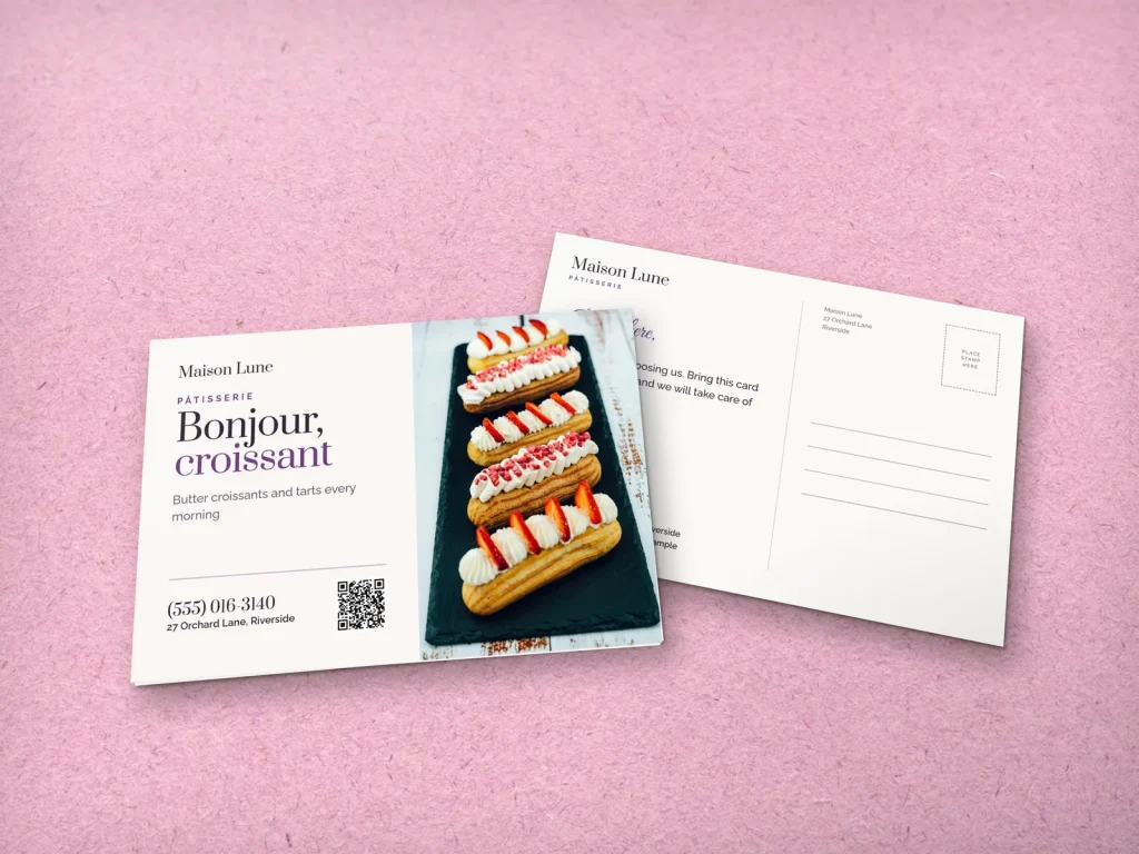 Postcard template PC-05 for a bakery or café: Maison Lune, strawberry éclairs for a French bakery