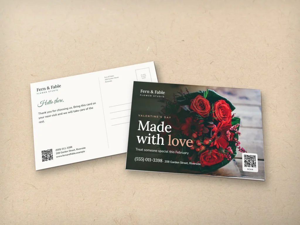 Postcard template PC-06 for a shop: Fern & Fable, red rose bouquet for Valentine’s Day