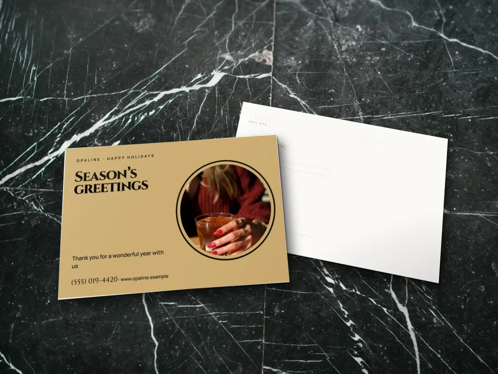 Postcard template PC-07 for a nail salon: Opaline, big type on gold for holiday greetings
