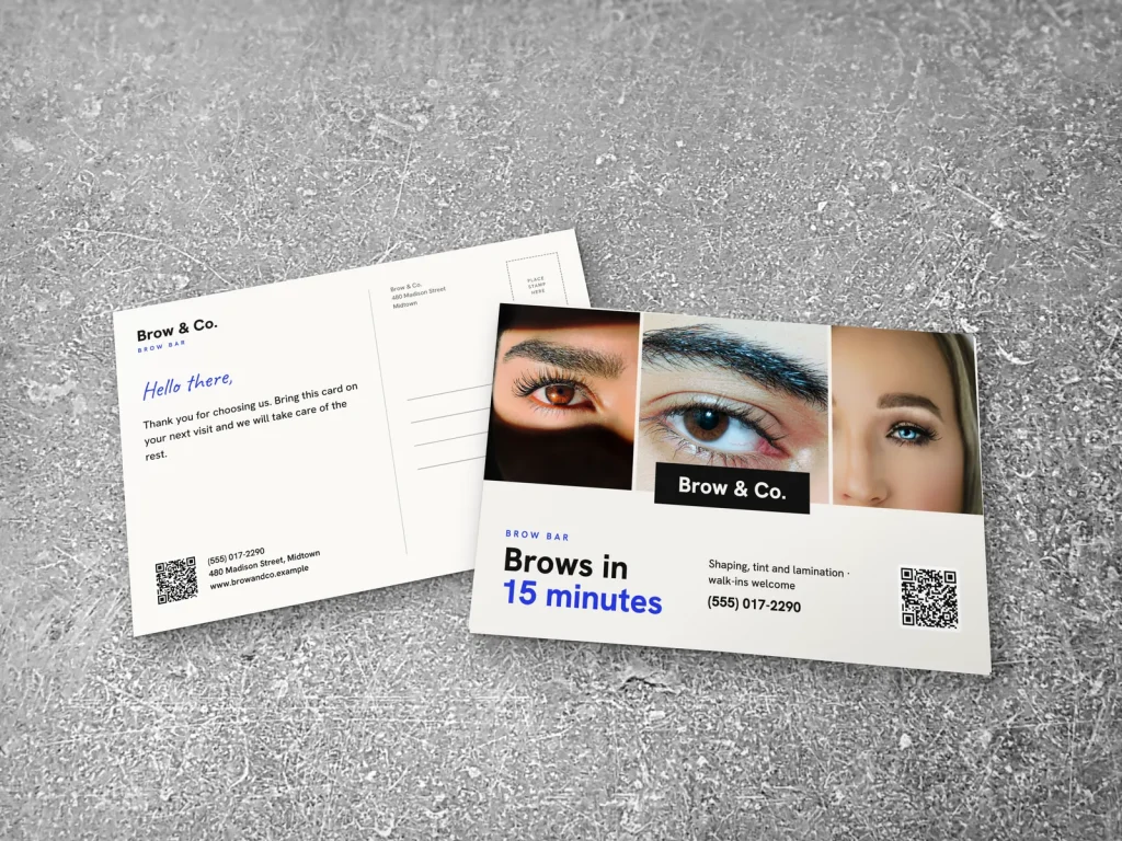Postcard template PC-08 for a lash and brow studio: Brow & Co., strip of three brow photos with the name in the middle
