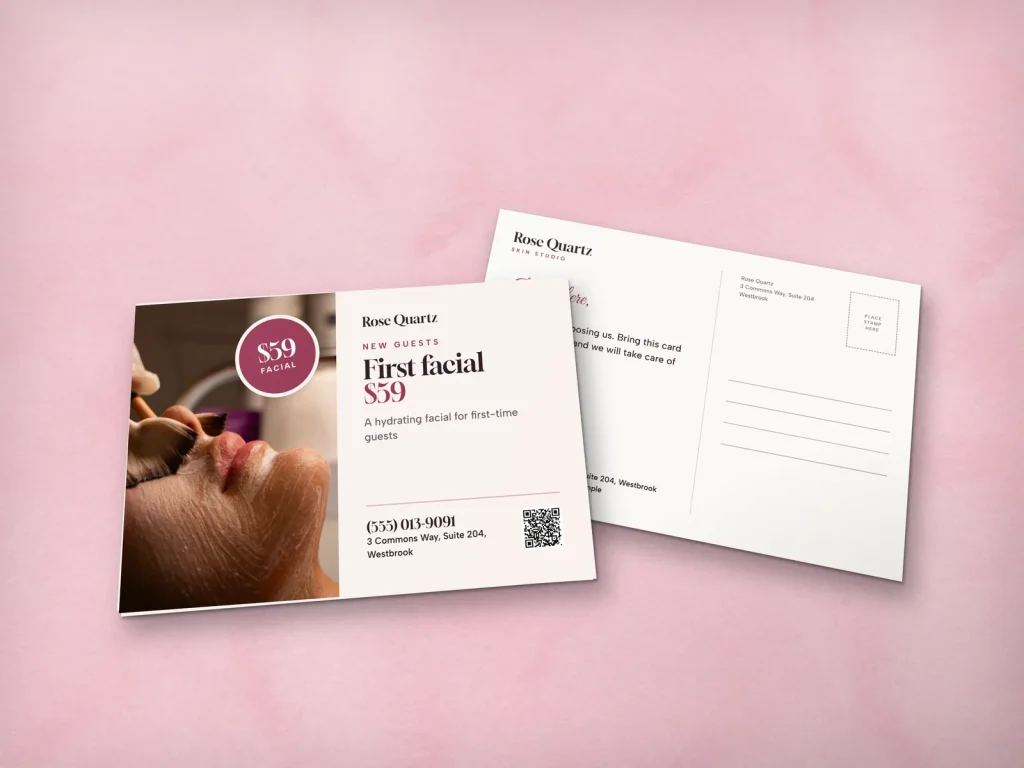 Postcard template PC-09 for a spa: Rose Quartz, mask brushed on for a first facial offer
