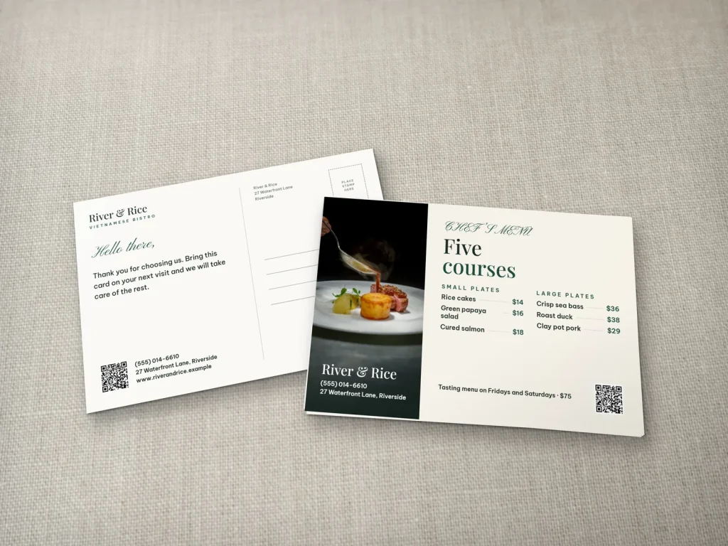 Postcard template PC-10 for a restaurant: River & Rice, chef plating a course with a two-column menu